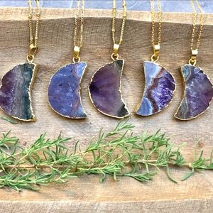 Raw Amethyst Moon Crystal Gold Necklace Boho